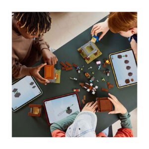 Kinderen bouwen LEGO Minecraft sets met hulp van digitale bouwinstructies op tablets