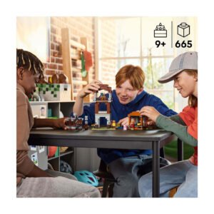 Kinderen spelen met LEGO Minecraft set 21278 aan tafel