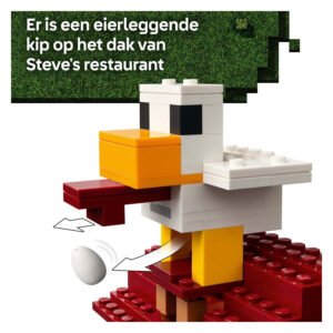 LEGO Minecraft kip legt ei op het dak van Steve's restaurant