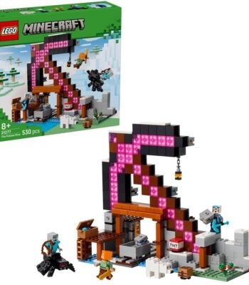 Combinatiebeeld van LEGO Minecraft 21277 De Pikhouweelmijn set en verpakking samen