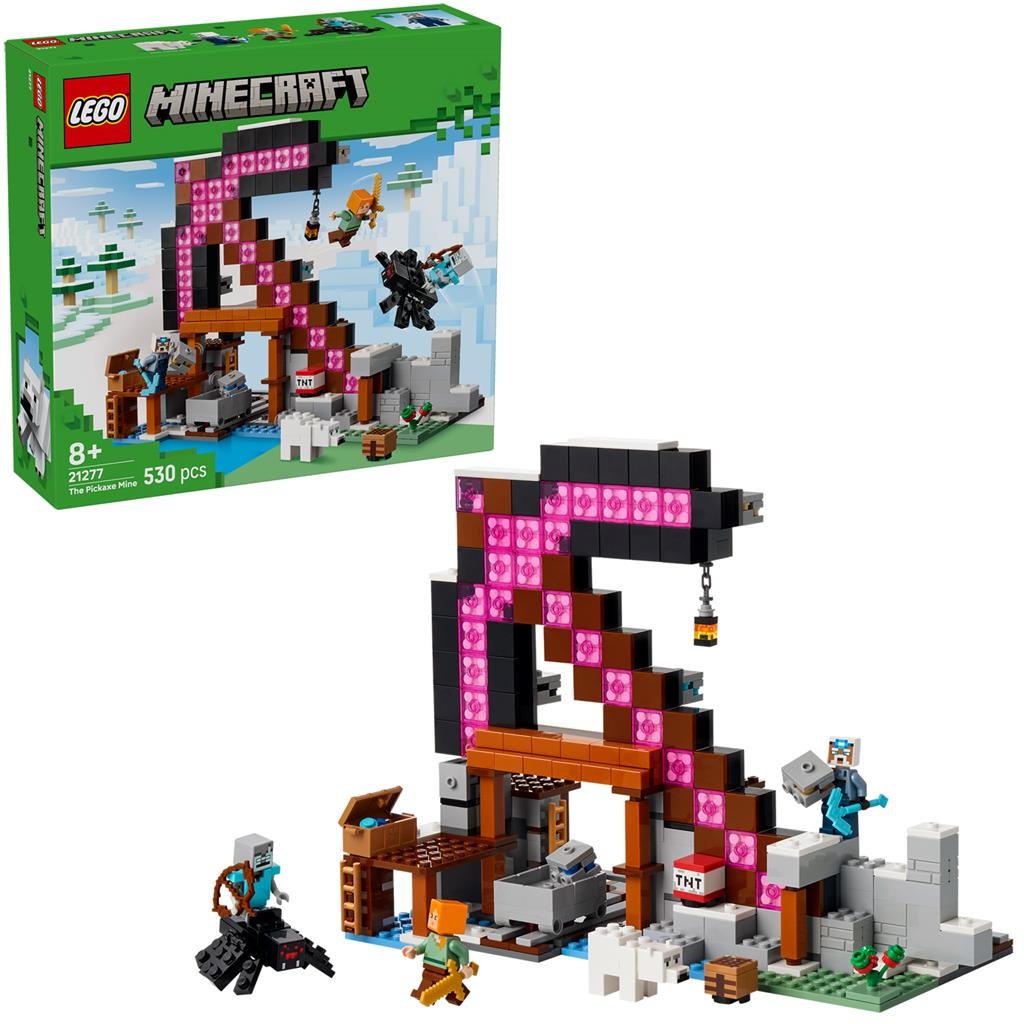 lego-minecraft-pickaxe-mine-combinatiebeeld Combinatiebeeld van LEGO Minecraft 21277 De Pikhouweelmijn set en verpakking samen
