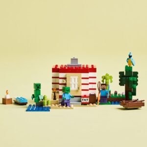 LEGO Minecraft TNT Jungle House met figuren en accessoires op gele achtergrond