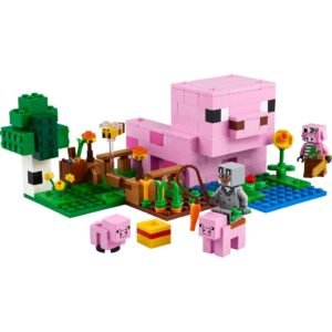 LEGO Minecraft varkenshuis met minifiguren en accessoires op witte achtergrond