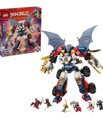 LEGO Ninjago 71834 Zane's Ultra-Combomecha naast productverpakking en zes ninja figuren