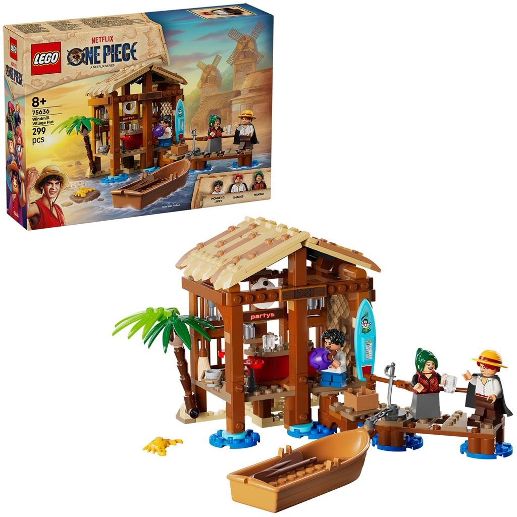 LEGO One Piece 75636 Windmolendorp set met hut en doos gecombineerd in één beeldweergave