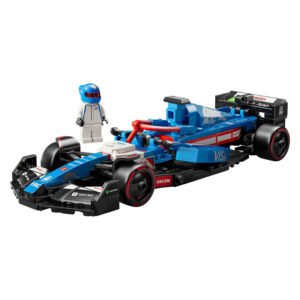 Afgewerkte LEGO F1-wagen met minifiguur in raceoutfit