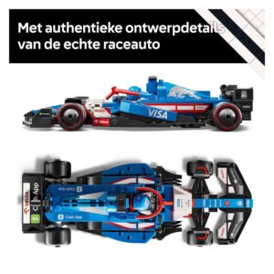 Zij- en bovenaanzicht van LEGO F1 racewagen met authentieke vormgeving