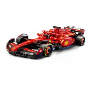 LEGO Ferrari SF-24 racewagen met minifiguur op witte achtergrond