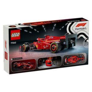 Achterzijde van LEGO Ferrari SF-24 doos met raceauto en accessoires