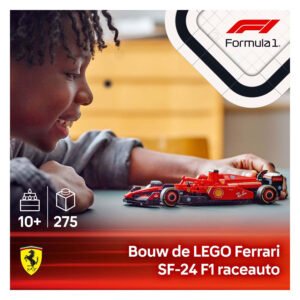 Kind bouwt LEGO Ferrari SF-24 F1 racewagen met 275 stukjes