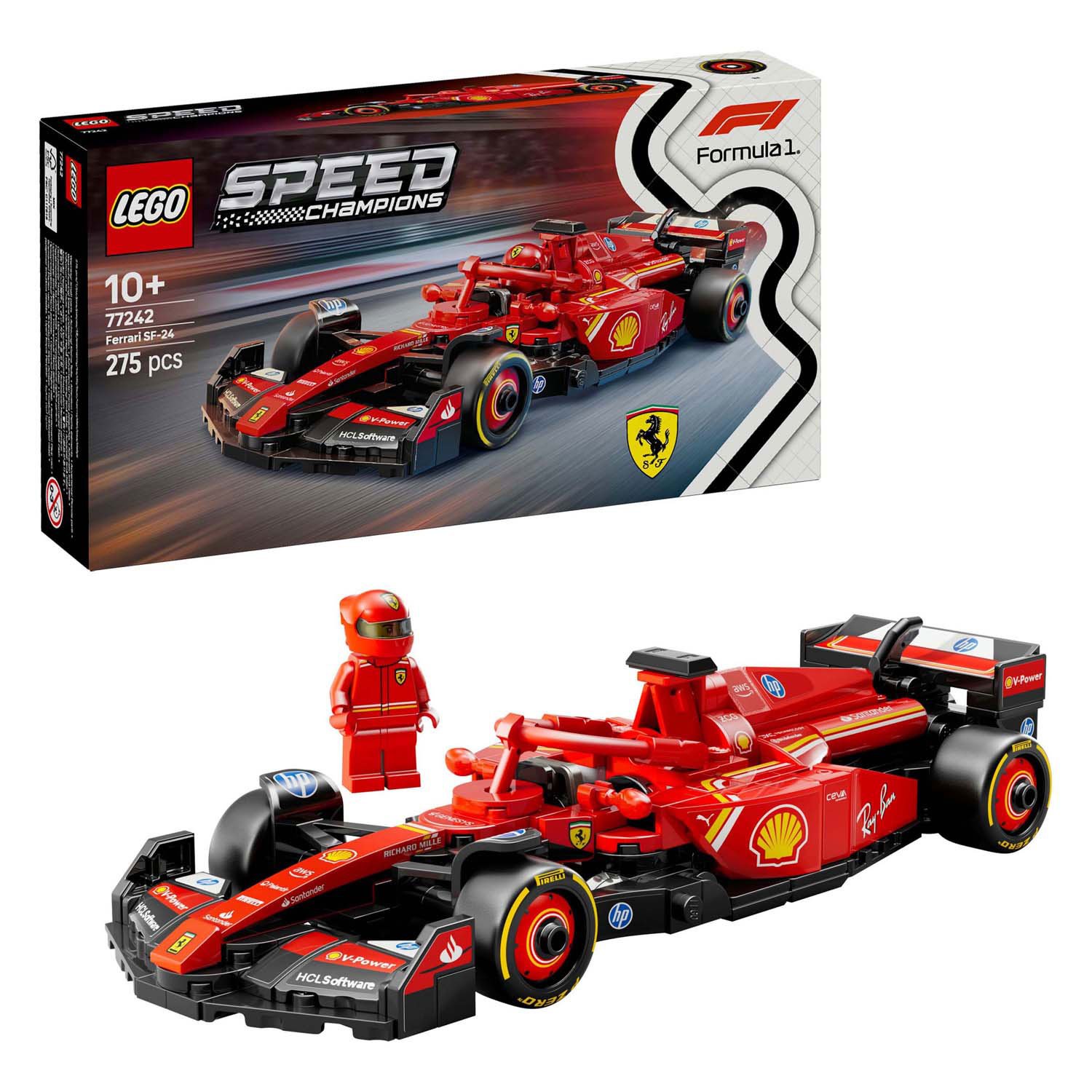 lego-speed-champions-ferrari-sf24-met-doos-en-coureur LEGO Speed Champions 77242 Ferrari SF-24 F1 racewagen met verpakking en minifiguur
