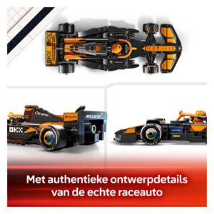 Bovenaanzicht en zijaanzichten van LEGO McLaren F1 raceauto met realistische details