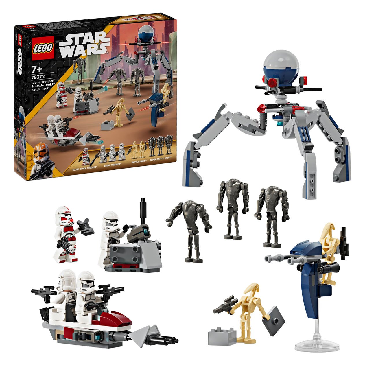 lego-star-wars-75372-battle-pack-overzicht LEGO Star Wars 75372 Clone Trooper en Battle Droid battle pack met clone troopers, droids en voertuigen