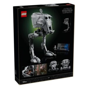 Achterkant doos van LEGO Star Wars AT-ST doos met model en extra beelden