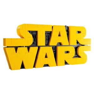 LEGO model van het gele Star Wars logo tegen witte achtergrond