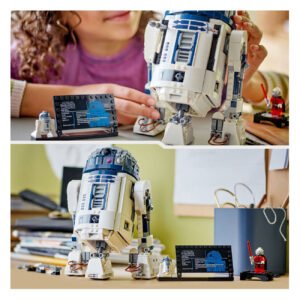 Kind speelt met LEGO Star Wars R2-D2 bouwset op bureau of speeltafel