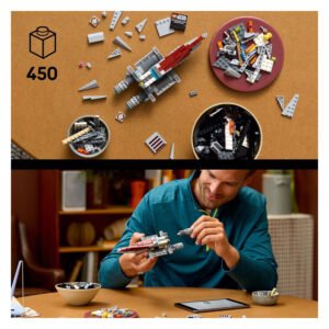 LEGO Star Wars ruimteschip in aanbouw met losse onderdelen en tablet op tafel