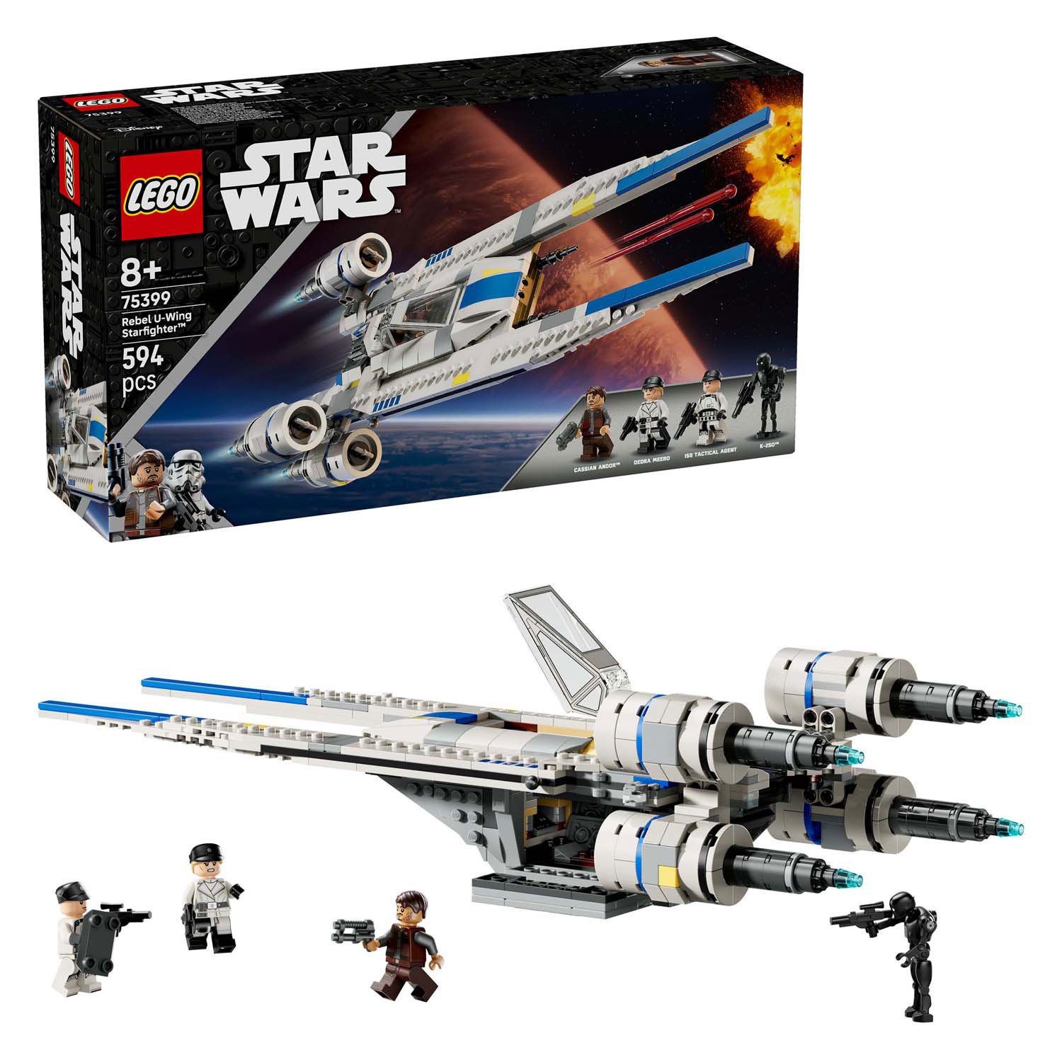 lego-star-wars-u-wing-set-met-figuren LEGO Star Wars 75399 Andor rebel U-Wing Starfighter Ruimteschip set met figuren en doos in beeld