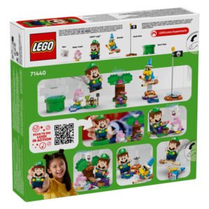Achterkant doos van LEGO Super Mario Luigi avonturenset met speelmogelijkheden en personages