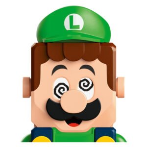 Close-up van LEGO Luigi met draaiende ogen uit de Super Mario speelset