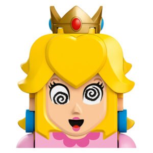 Close-up van interactieve LEGO Princess Peach figuur met digitale ogen
