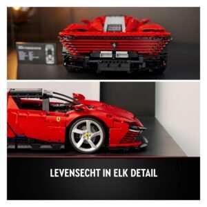 Gedetailleerde achter- en zijaanzichten van de LEGO Technic Ferrari Daytona SP3 modelauto