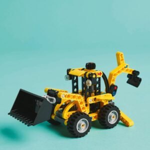 LEGO Technic graaflaadmachine model op blauwe achtergrond