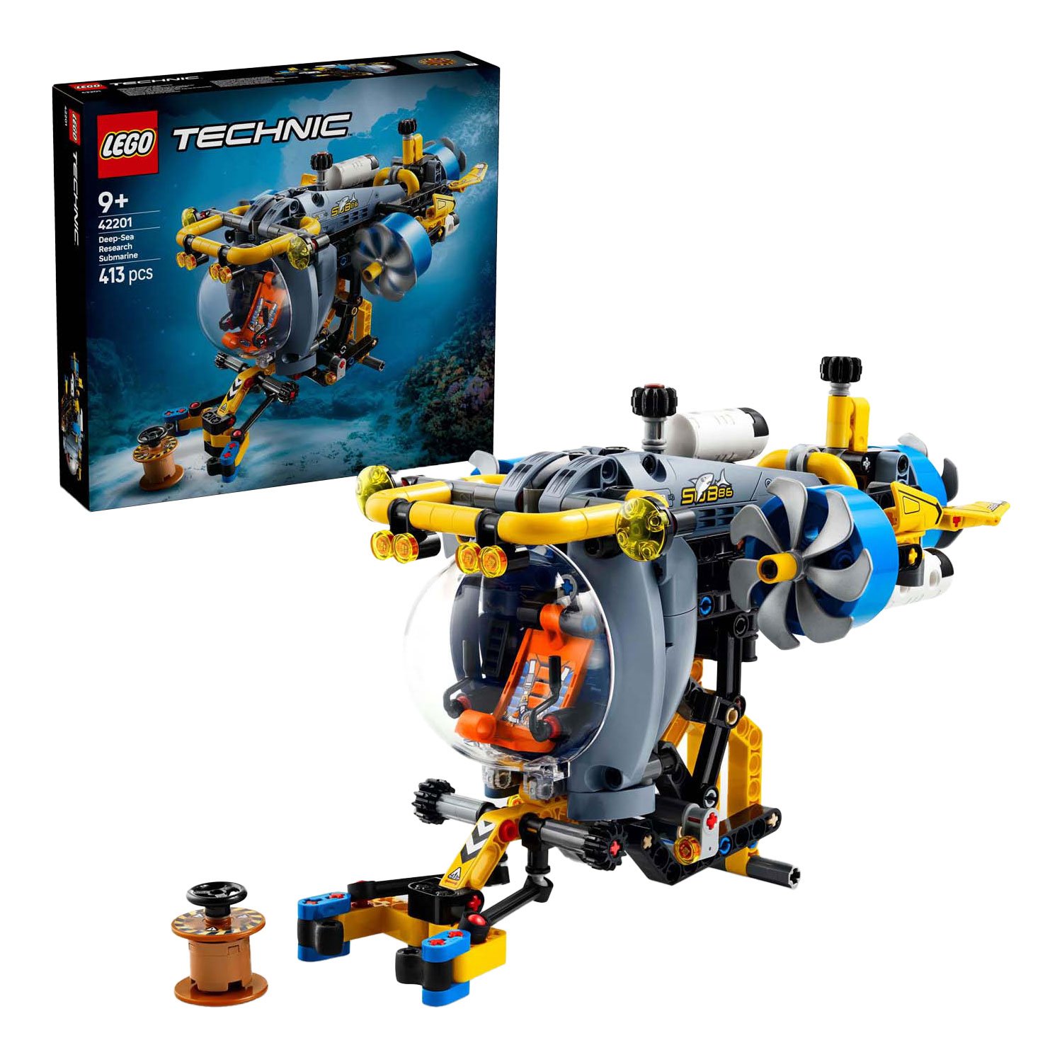 lego-technic-onderzeeer-set-en-verpakking LEGO Technic 42201 onderzeeër voor diepzeeonderzoek naast de verpakking