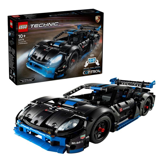 LEGO Technic 42176 Porsche GT4 E-Performance Racewagen set met doos en sportauto op witte achtergrond