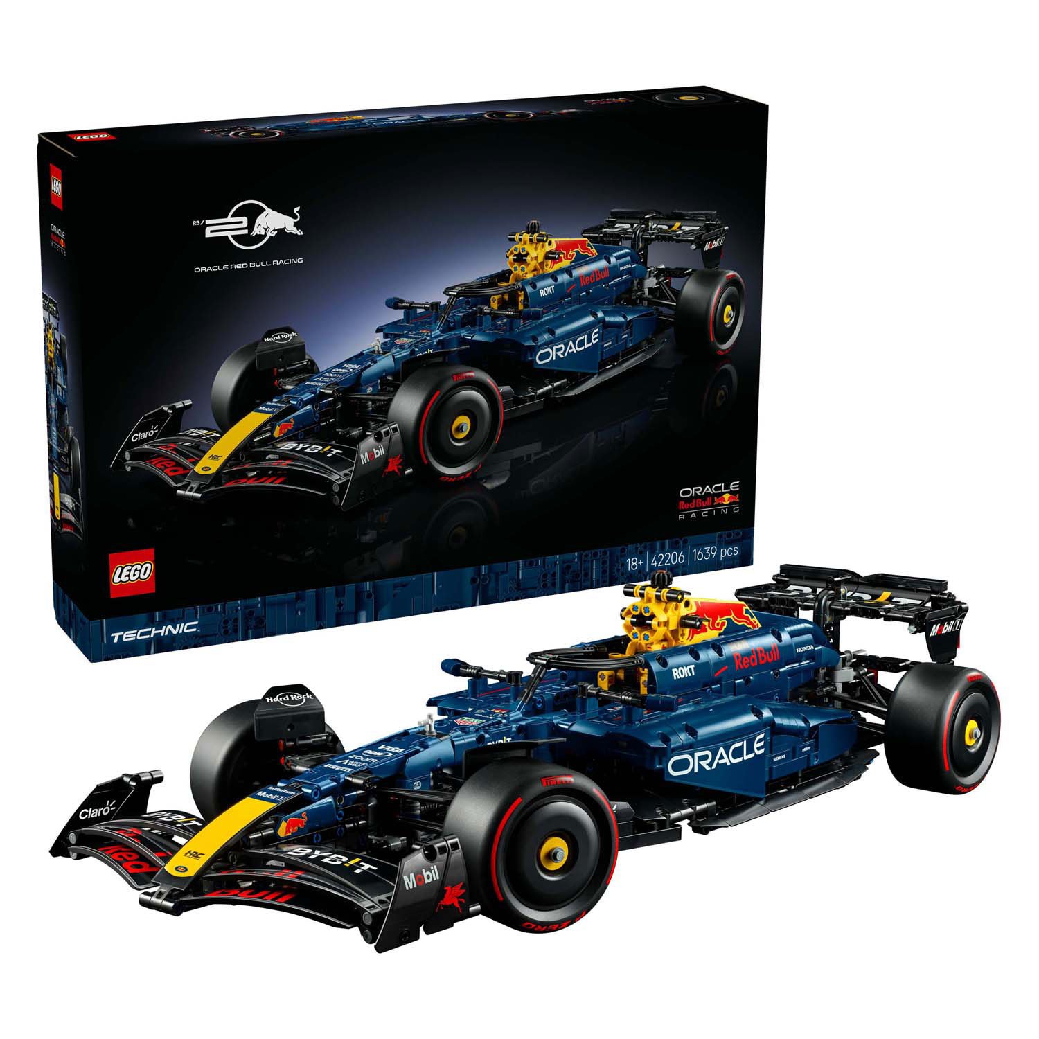 lego-technic-red-bull-f1-auto-met-verpakking LEGO Technic 42206 Oracle Red Bull Racing RB20 F1 auto naast de originele productverpakking