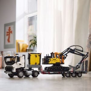 LEGO Technic Volvo FMX vrachtwagen met EC230 graafmachine in moderne woonkamer