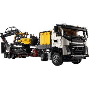 Gedetailleerde close-up van LEGO Volvo FMX truck met EC230 graafmachine