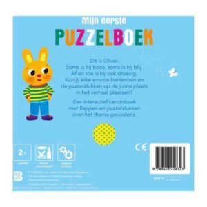 Achterkant van interactief kinderboek 'Mijn eerste puzzelboek' met konijn Oliver en uitleg over emoties