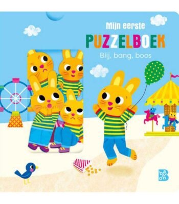 Voorkant van kinderboek Mijn eerste puzzelboek - Blij, bang, boos met konijn in verschillende emoties op een kermis