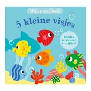 Kleurrijke voorkant van mijn puzzelboek - 5 kleine visjes met vrolijke tekeningen van vissen en zeeleven