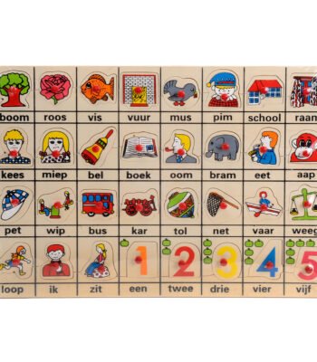 Educatieve houten puzzel met Nederlandse woorden en kleurrijke illustraties voor kinderen Houten Noppenpuzzel Mijn Eerste Woordjes