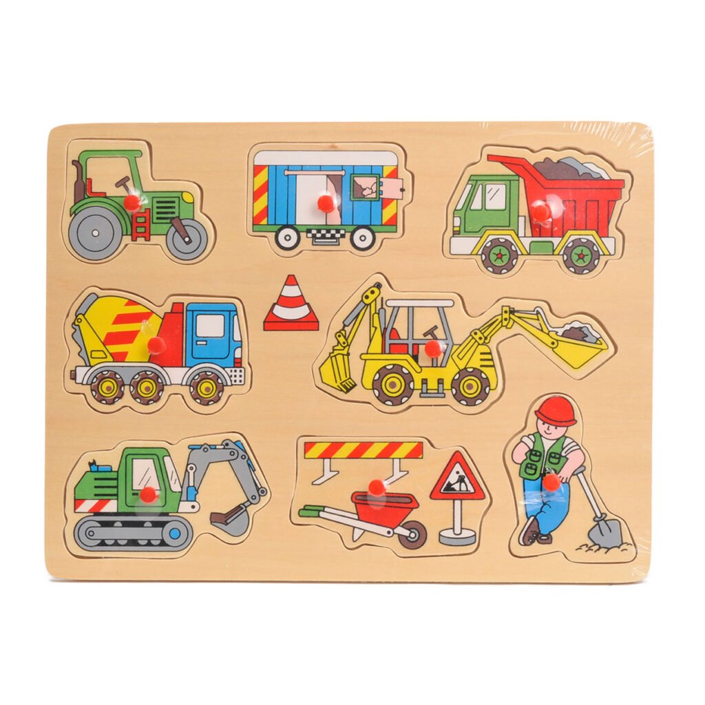 Houten puzzel met bouwvoertuigen en bouwvakker voor peuters Houten Noppenpuzzel Werk in Uitvoering