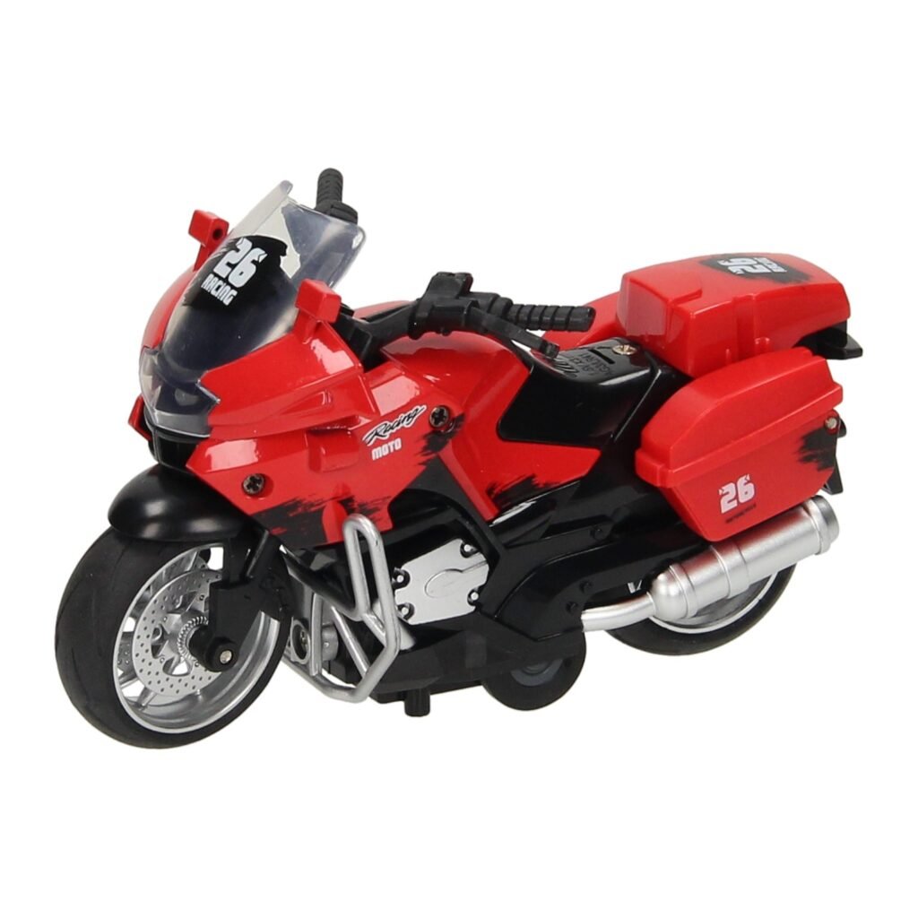 Pull-back Motor Rood met licht en geluid in race-stijl met uitlaat en zijkoffers