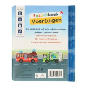Achterkant van kinderpuzzelboek over voertuigen met brandweer- en vuilniswagenillustratie