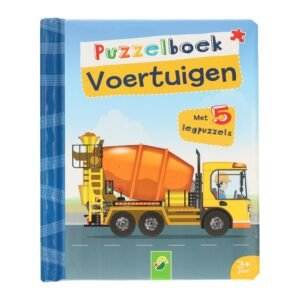 Voorkant van kinderboek Puzzelboek Voertuigen - 5 Puzzels met oranje betonmixer op de cover