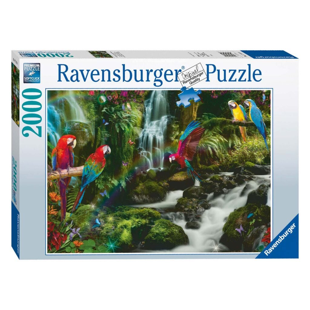 Ravensburger puzzel van 2000 stukjes met papegaaien en watervallen in het regenwoud Ravensburger Legpuzzel Bonte Papegaaien in de Jungle, 2000st.