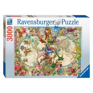 Ravensburger puzzeldoos van 3000 stukjes met kleurrijke wereldkaart en natuurillustraties Ravensburger Legpuzzel Flora en Fauna Wereldkaart, 3000st.