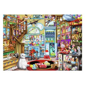 Voltooide Ravensburger puzzel met Disney en Pixar figuren in kleurrijke speelgoedwinkel