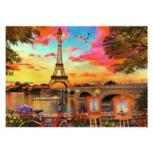 Eiffeltoren puzzel afbeelding met kleurrijke zonsondergang en rivier in Parijs