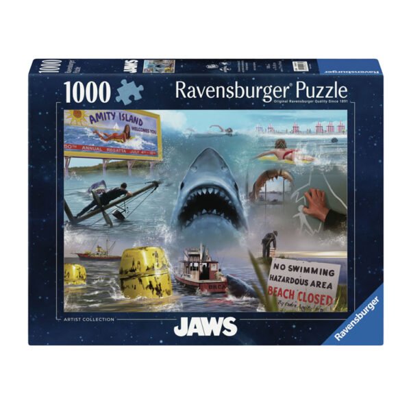 Ravensburger Legpuzzel Jaws van 1000 stukjes met iconische haaienscène en Amity Island op doos