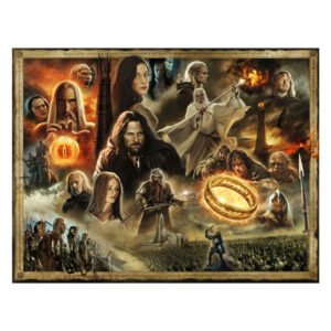 Collage van personages uit The Lord of the Rings met de magische ring en Saurons oog van ravensburger