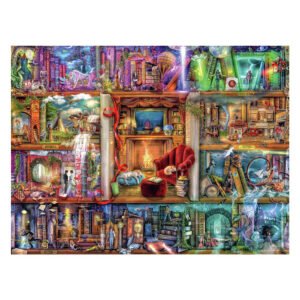 Gedetailleerde illustratie van een fantasierijke bibliotheek vol magische scènes uit boeken, Ravensburger puzzel