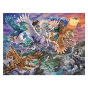 Magische fantasy scène met gevleugelde paarden, ruiters en mythische wezens boven een betoverend landschap