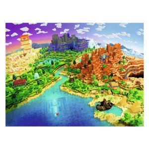 puzzelillustratie van Minecraft wereld met bergen, woestijn en zee van ravensburger
