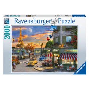 Ravensburger puzzel van Parijs met Eiffeltoren en Franse brasserie bij avondlicht Ravensburger Legpuzzel Romantische Avond in Parijs, 2000st.